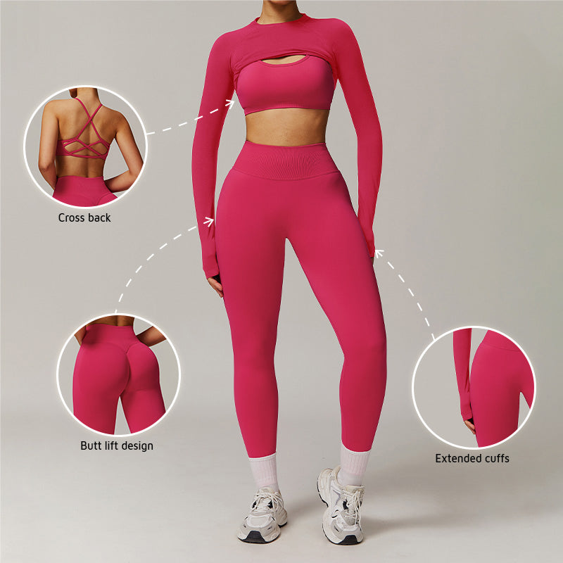 Threaded seamless long-sleeved top+bra+ leggings 3 pieces set