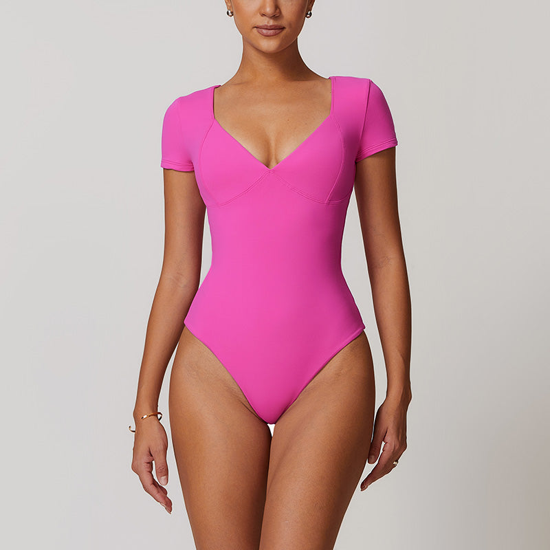 Quick-Dry V Neck Short Sleeve Thong Bodysuits