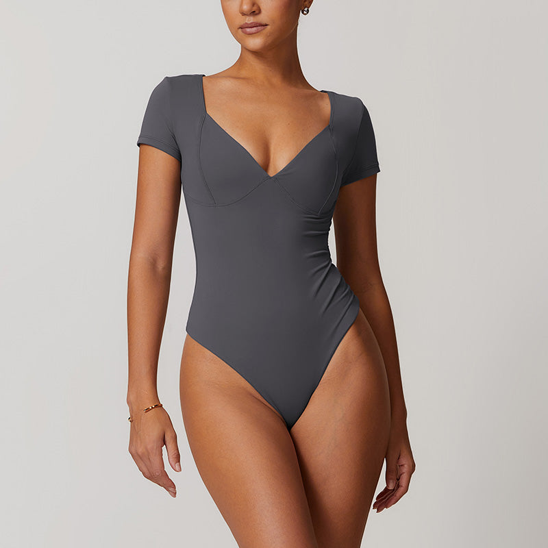 Quick-Dry V Neck Short Sleeve Thong Bodysuits