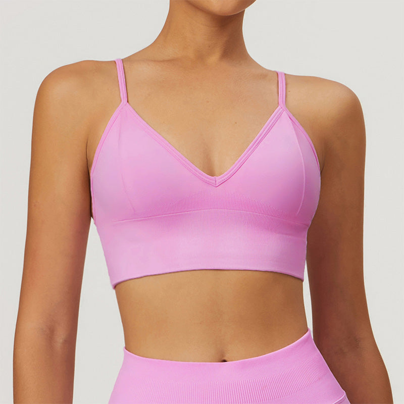 Seamless V Neck Quick-Dry Thin Straps Sports Bra