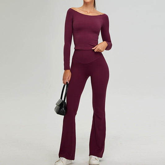 off shoulder long sleeve sports top + Flared Leg pants 2-piece set