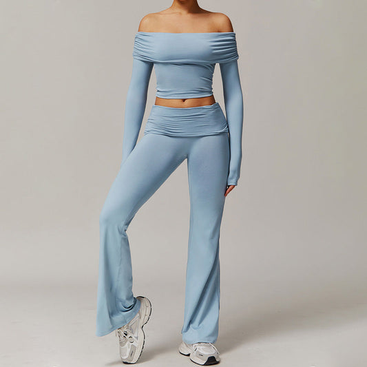 Brushed Long sleeve off shoulder top + Flared Leg pants 2-piece set