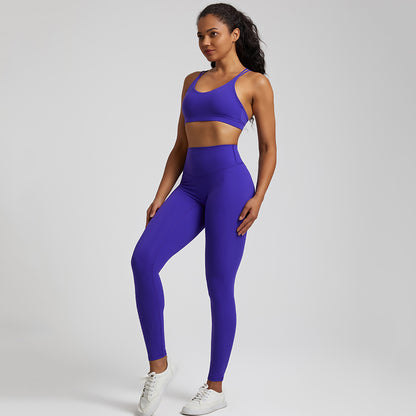 high elastic back cross over bra+sports leggings 2-piece set