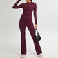 Half zipper long sleeve sports top + Flared Leg pants 2-piece set