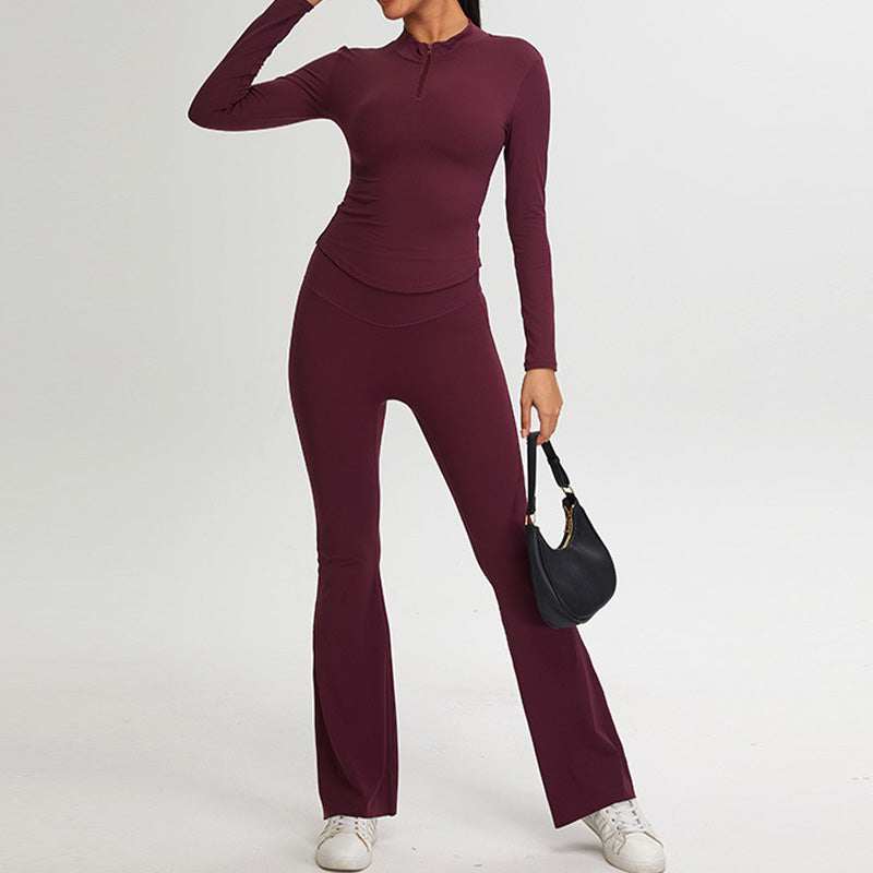 Half zipper long sleeve sports top + Flared Leg pants 2-piece set