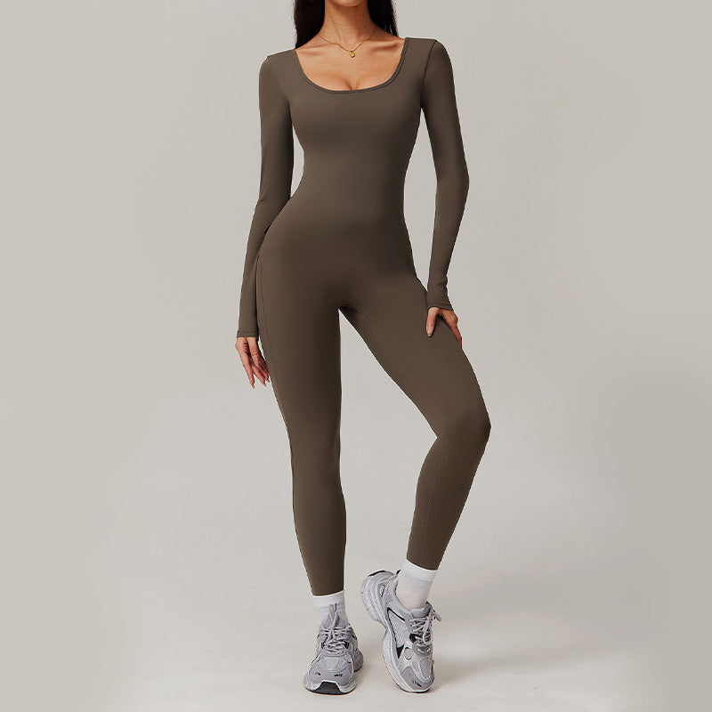 nude backless long-sleeved fitness jumpsuit