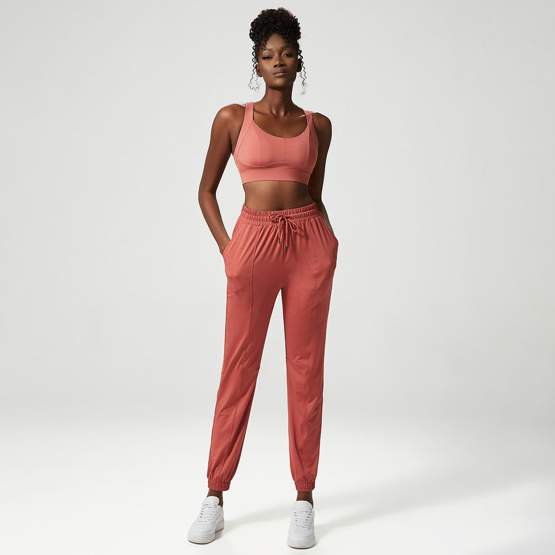 Solid back cross-sport bra + pants two-piece set