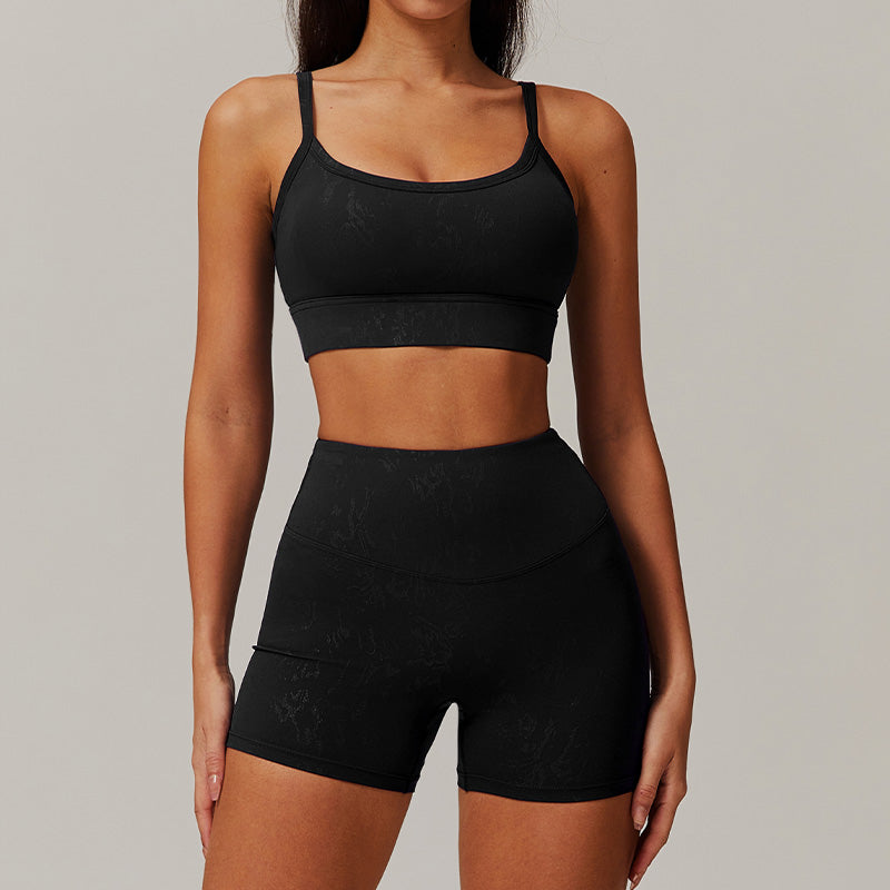 gold stamping Thin straps sports Bra + High-waist shorts 2-piece set