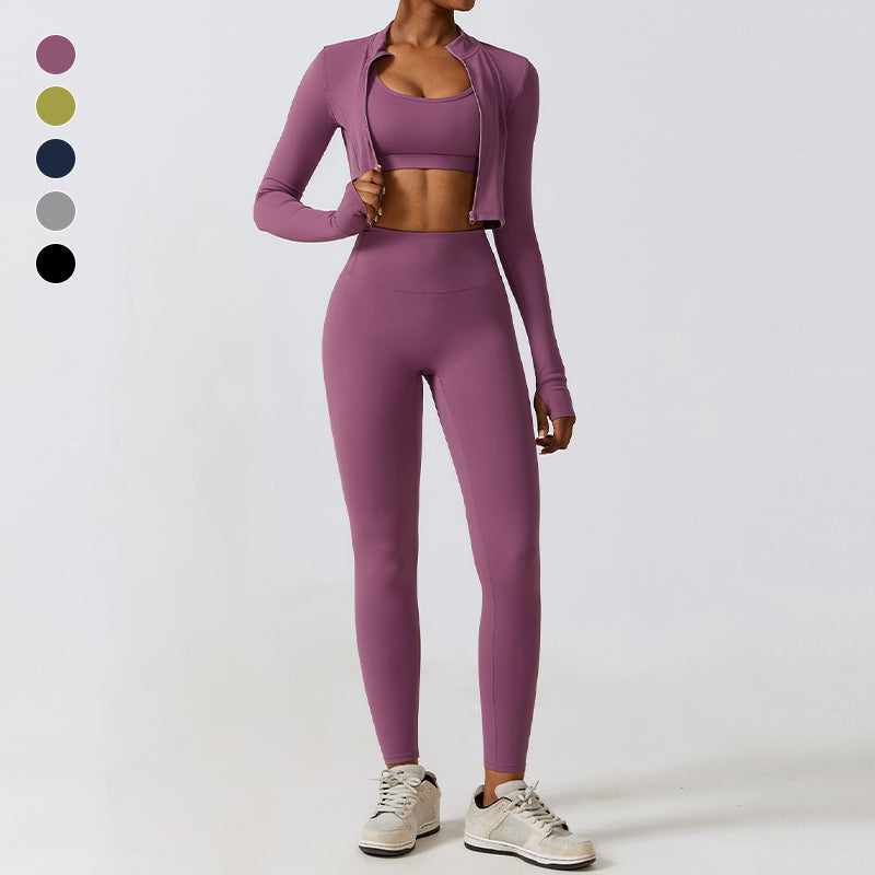 High waist elastic yoga jacket three-piece set