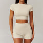 stand-up collar crop top + High-waisted shorts 2-piece set