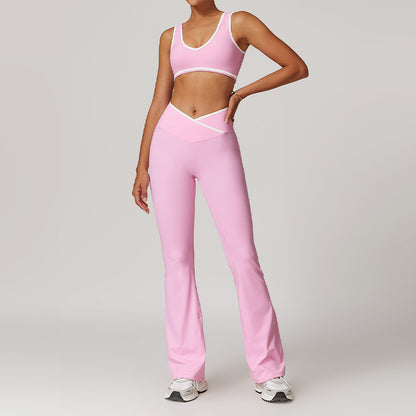 Ultra-Soft Contrasting Color Sports Bra + Cross High Waist Pants Suit