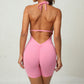 Solid color neck style short sports jumpsuit