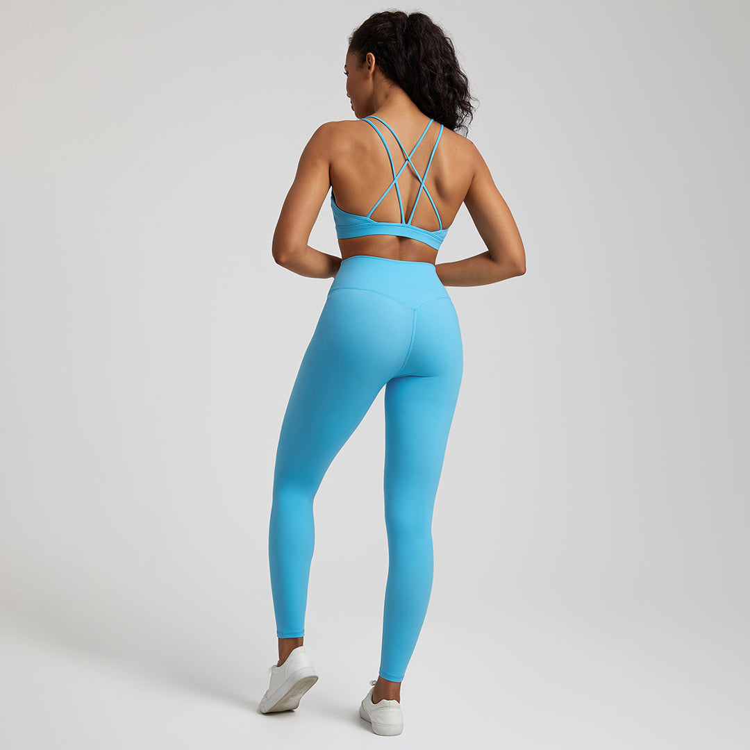 high elastic back cross over bra+sports leggings 2-piece set
