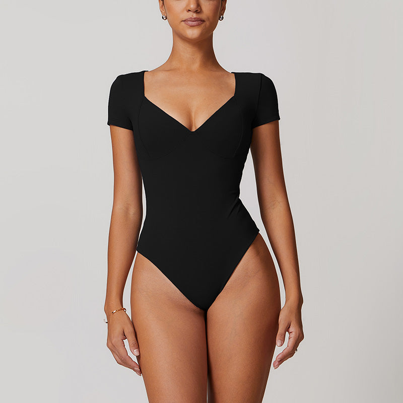 Quick-Dry V Neck Short Sleeve Thong Bodysuits