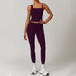 Brushed Asymmetric straps sports tank top + High-waist leggings 2-piece set