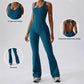 Solid flared trousers cutout back jumpsuit