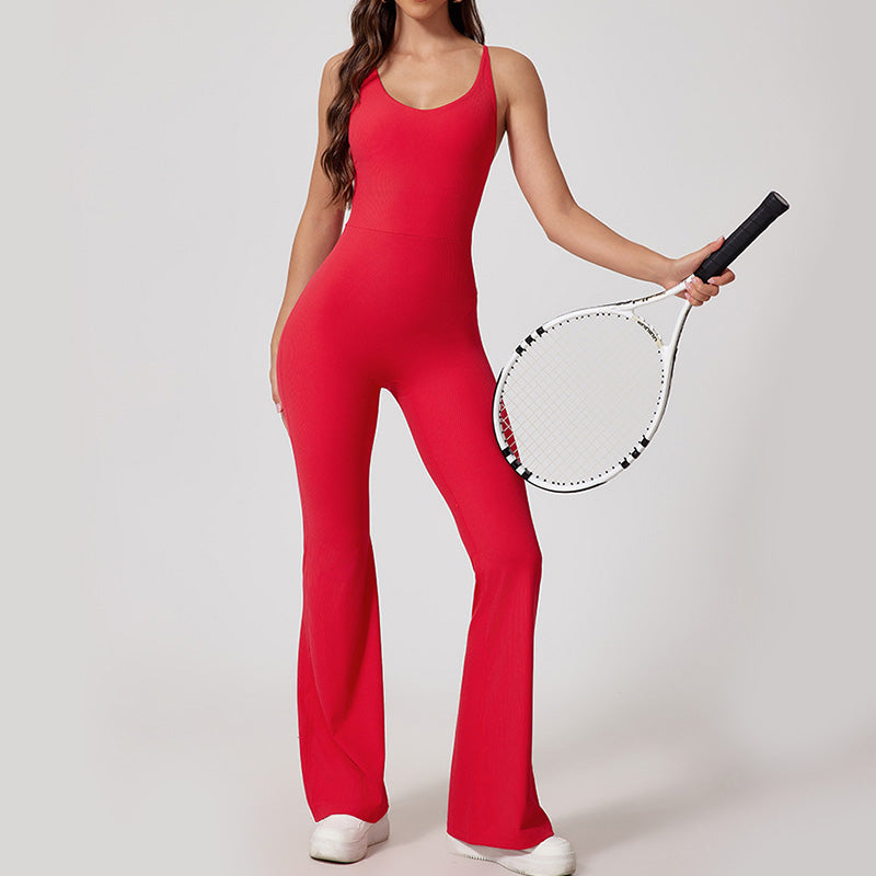 Nude cross back tight fitting sports jumpsuit