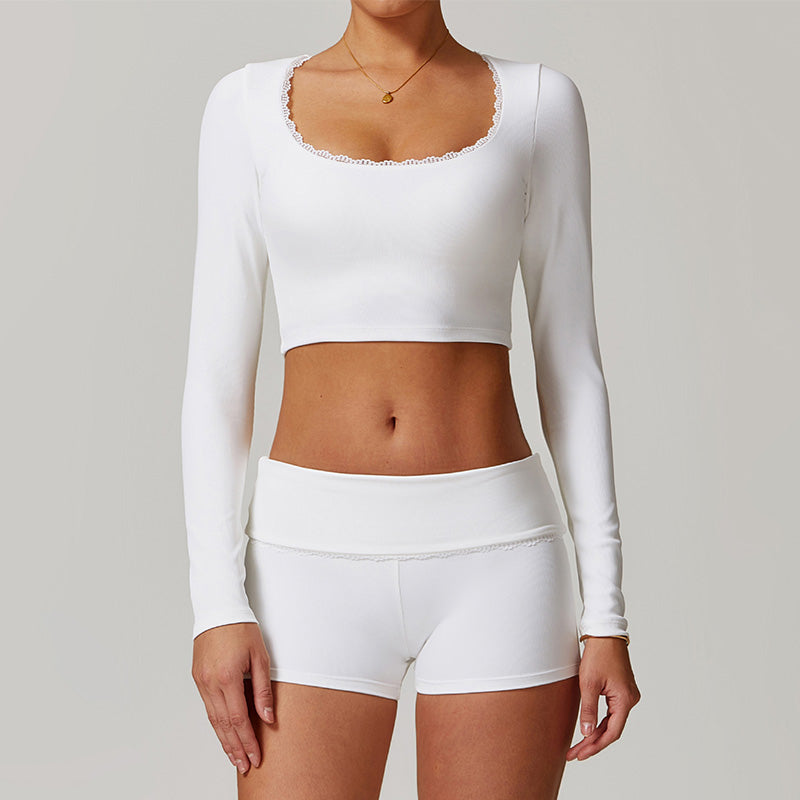 Quick-Dry Lace-trimmed Long Sleeve Yoga Crop Top