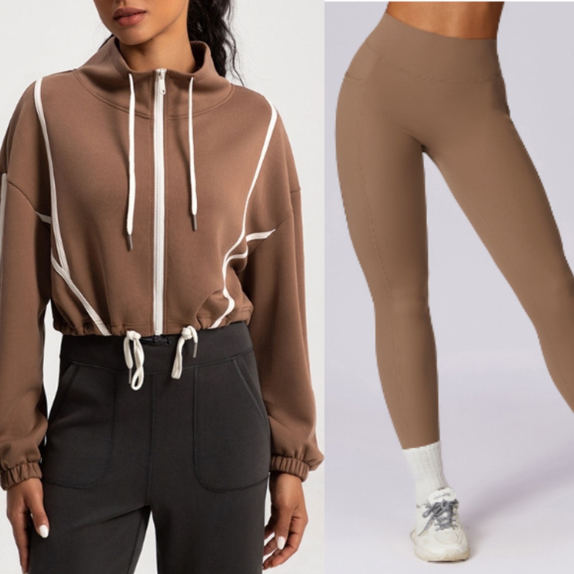 Drawstring zipper jacket & leggings 2-piece set