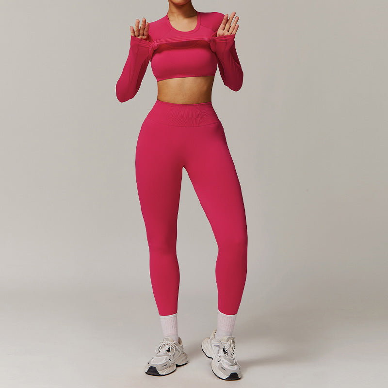 Threaded seamless long-sleeved top+bra+ leggings 3 pieces set