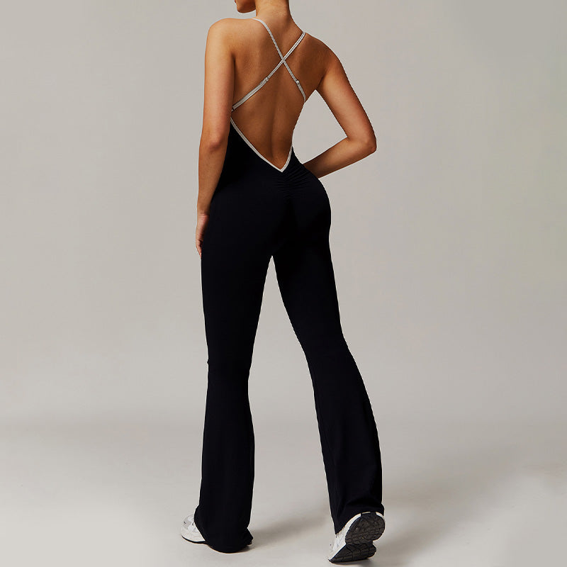 Hollow back yoga suit hip-lifting pleated flared jumpsuit