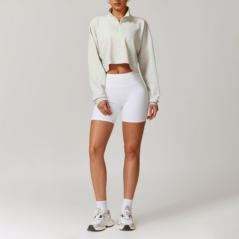 Loose Half Zipper Long Sleeve Sweatshirt + High-Waist Shorts 2-Piece Set