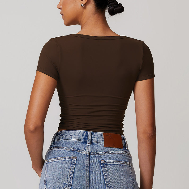 Breathable Buttons V Neck Short Sleeve Crop Top