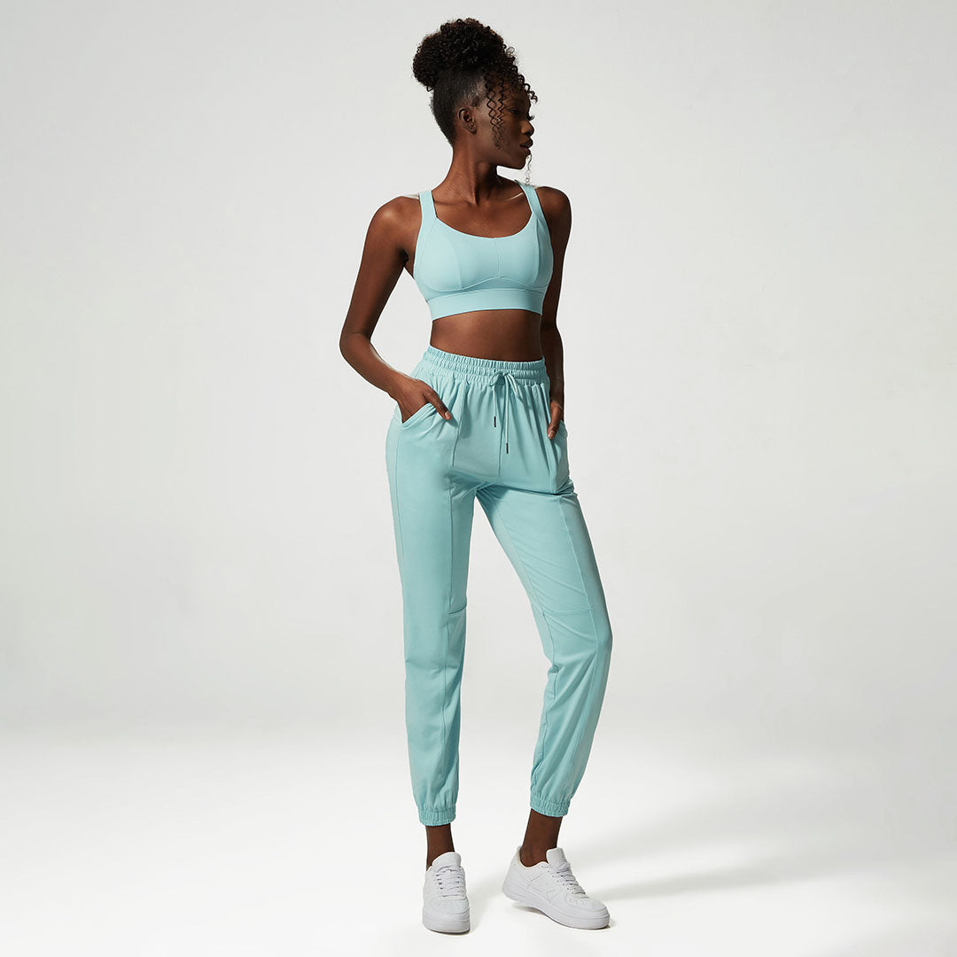 Solid back cross-sport bra + pants two-piece set