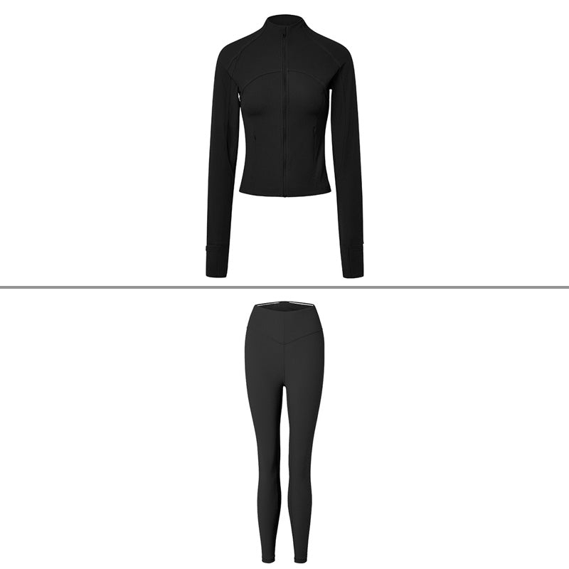 Stand Collar Vertical Stripes Full Zipper Sports Jacket + Leggings 2-Piece Set