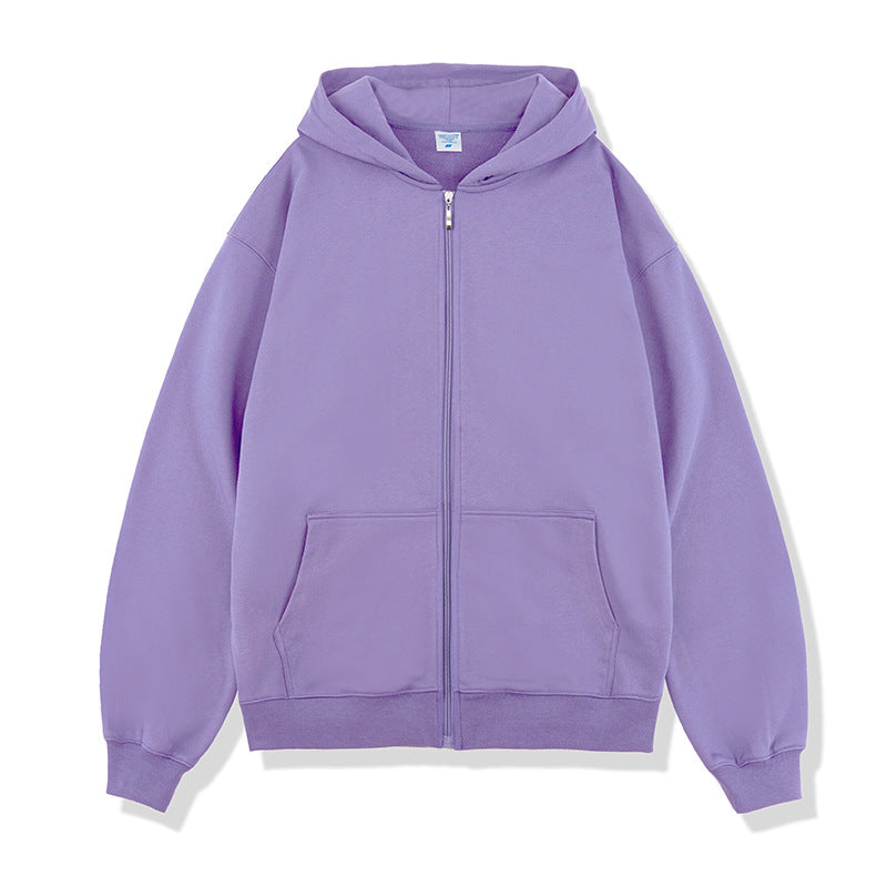 Solid color loose zipper hooded sweatshirt