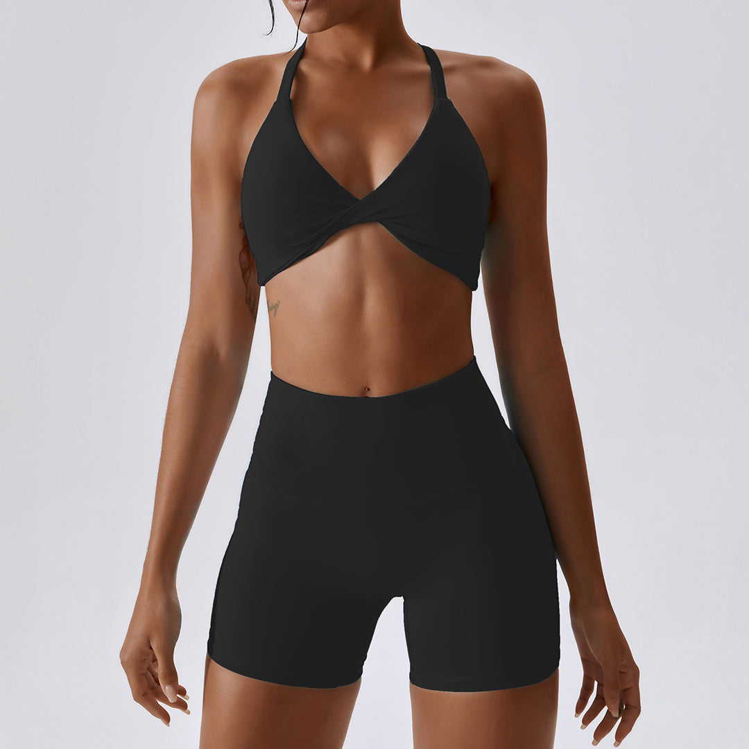 Solid bottom crossover bra + shorts 2-piece set