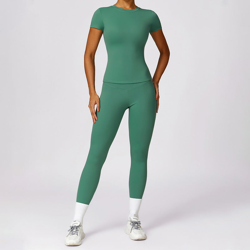 Skinny Short Sleeve Yoga Top + Leggings 2-piece Set