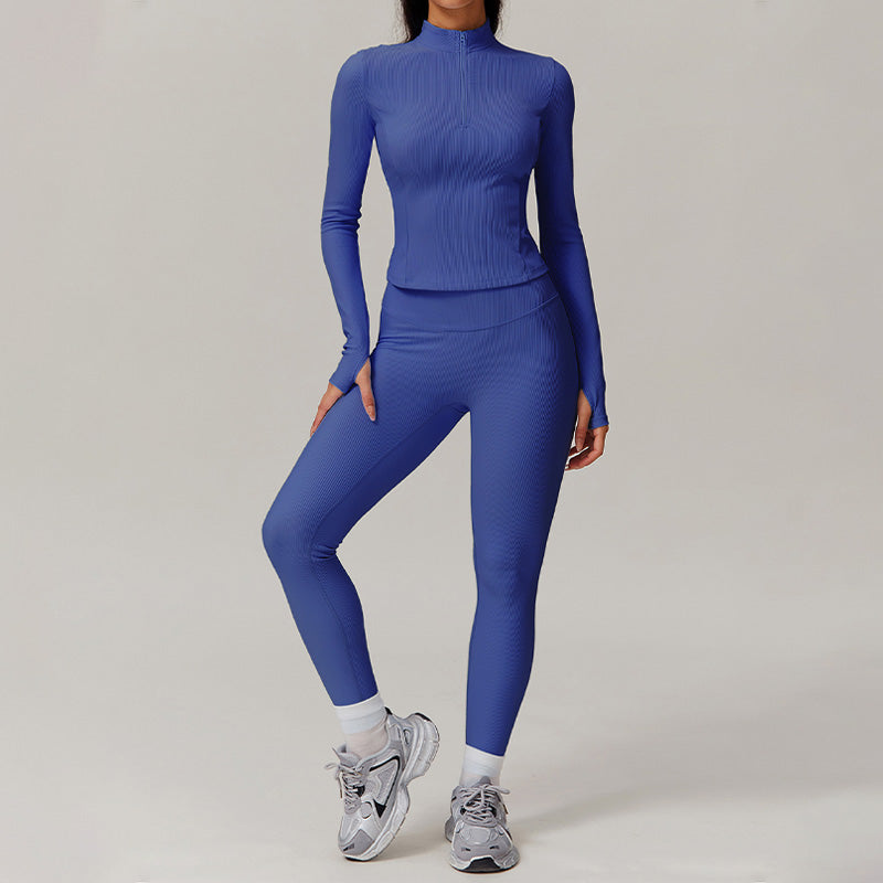 Long sleeve and half zipper top + High-waisted leggings 2-piece set