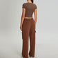 Short sleeve sports crop top + Straight Leg Cargo pants 2-piece set