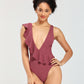 A diagonal ruffled one-piece swimsuit