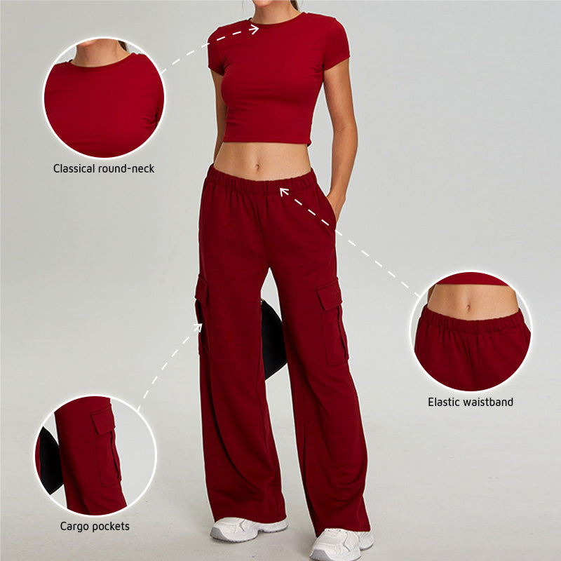 Short sleeve sports crop top + Straight Leg Cargo pants 2-piece set