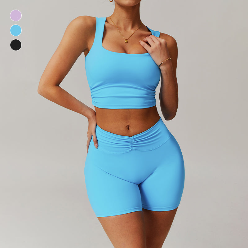 Breathable tight back tank tops+Hip-lifting high waist shorts 2 pieces set