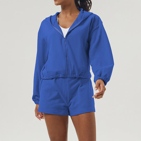 Fitness Loose Zipper Hooded Long Sleeve Sweatshirt + Shorts Set