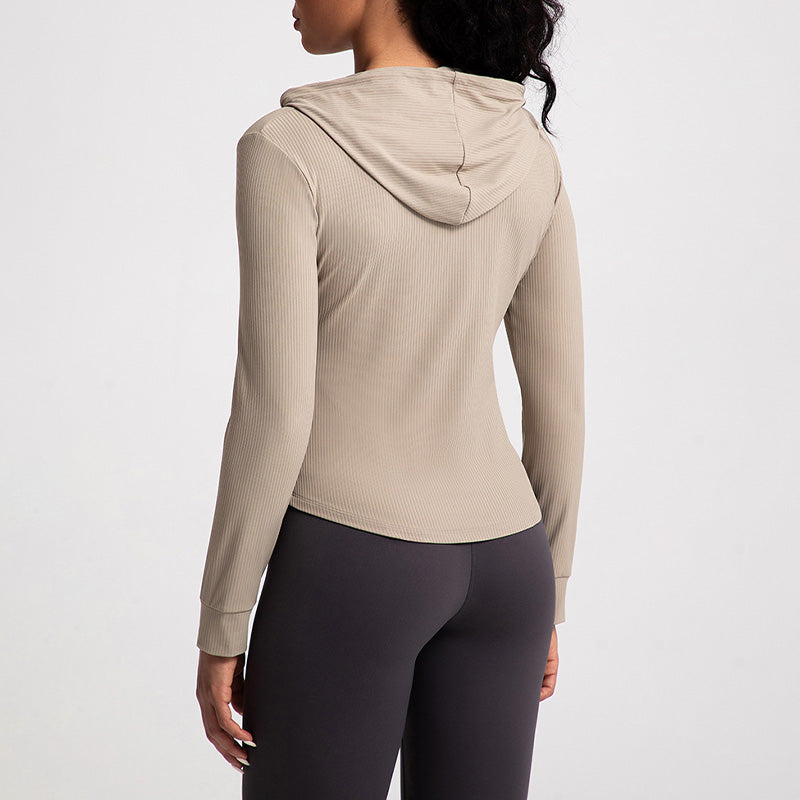 Nude slimming round hem hooded long-sleeved jacket