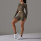 Seamless Knitting Sports Long Sleeve Top + High-Waisted Shorts Set