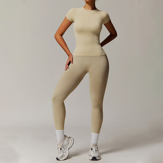 Threaded seamless short sleeve top+ tight leggings 2 pieces set