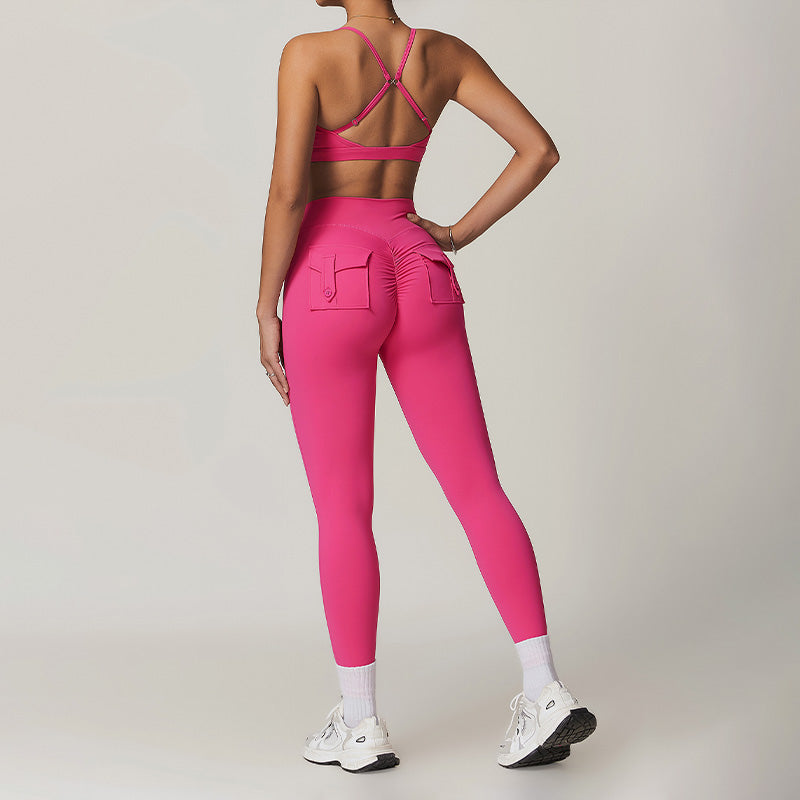 Ultra-Soft Cross-Back Gym Bra + Cargo Pocket Leggings-2 Pieces Set