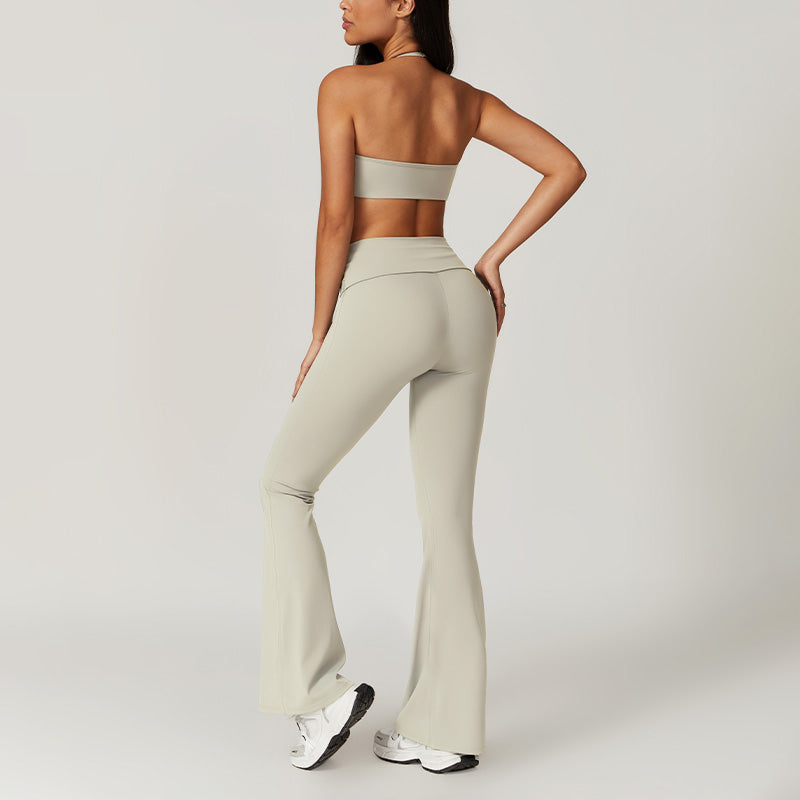 Quick Dry Halterneck Bra +Flare Leg Pants-2 Pieces Set