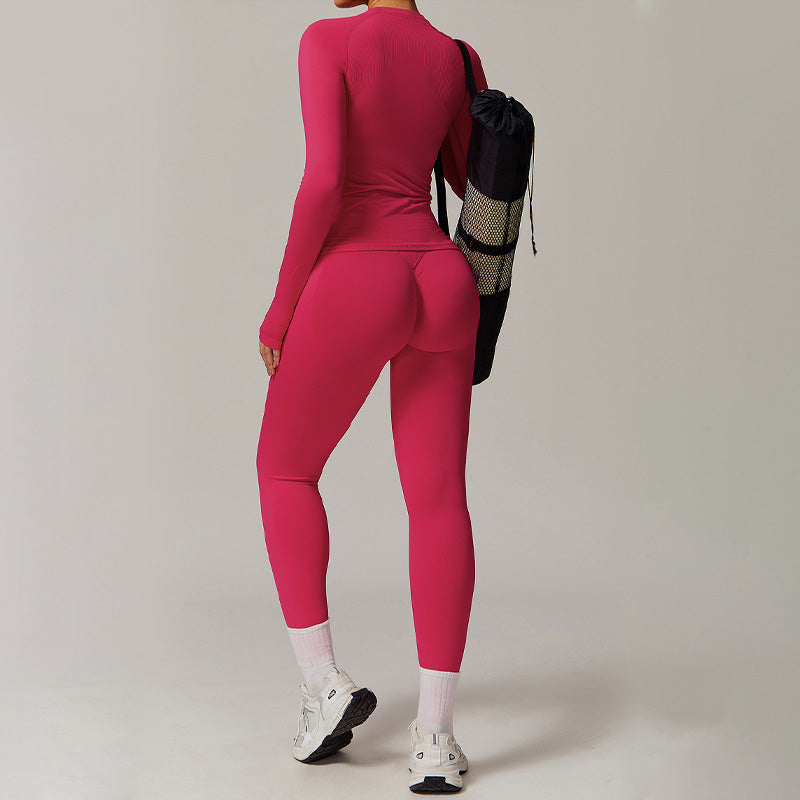 Threaded seamless long-sleeved top+ tight leggings 2 pieces set