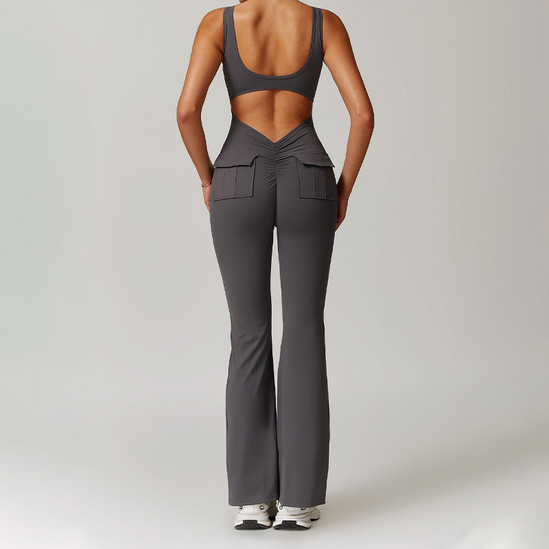 Hollow Back Yoga Jumpsuit with Cargo Pockets