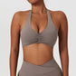 Solid halterneck chest pleated sports bra
