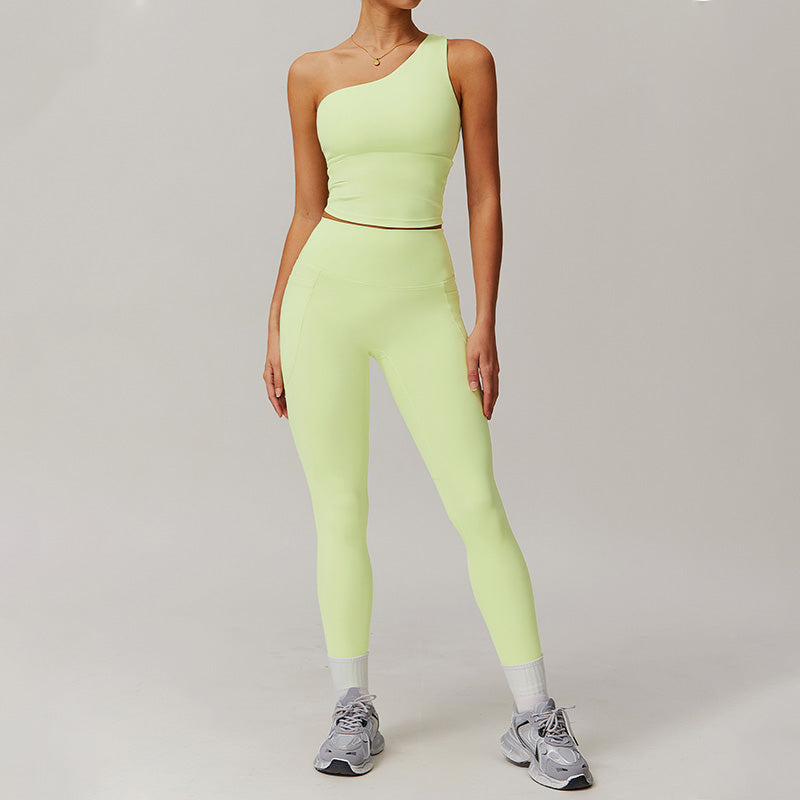 Quick-dry one shoulder sports top + High waist leggings 2 pieces set