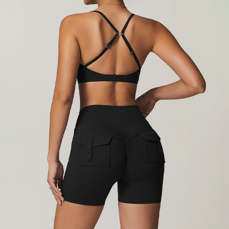 Naked cross-beautiful back yoga bra + high waist yoga shorts with cargo pockets