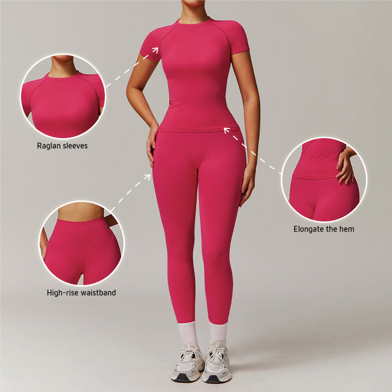 Threaded seamless short sleeve top+ tight leggings 2 pieces set