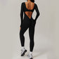 nude backless long-sleeved fitness jumpsuit